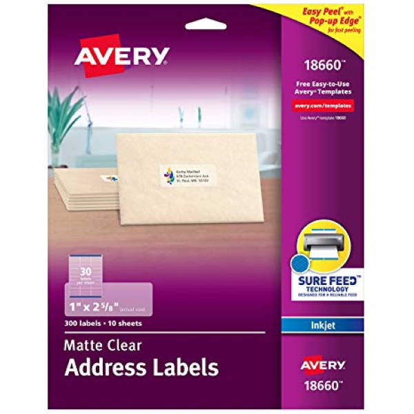 Avery Easy Peel Clear Address Labels for Laser Printers (1" x 2 5/8") (10 Labels/Sheet) (30 Sheets/Pkg)