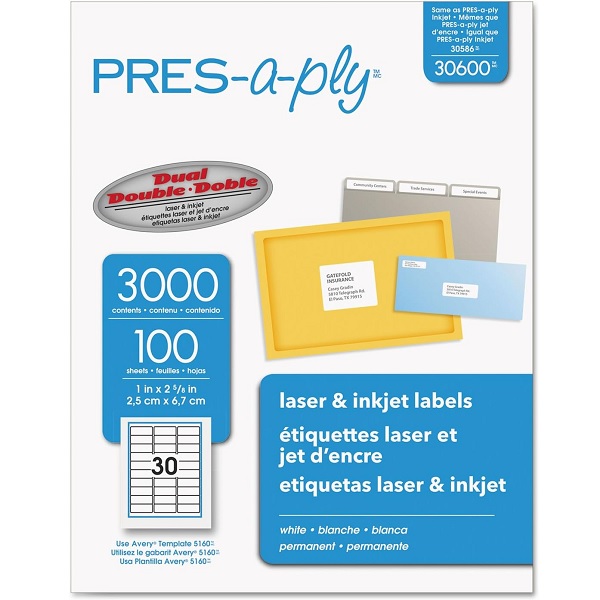 PRES-a-ply (1" x 2-5/8") (White Laser) (30 Labels/Sheet) (100 Sheets/Box) (Interchangeable with Avery# 5160, Maco# ML-3000)