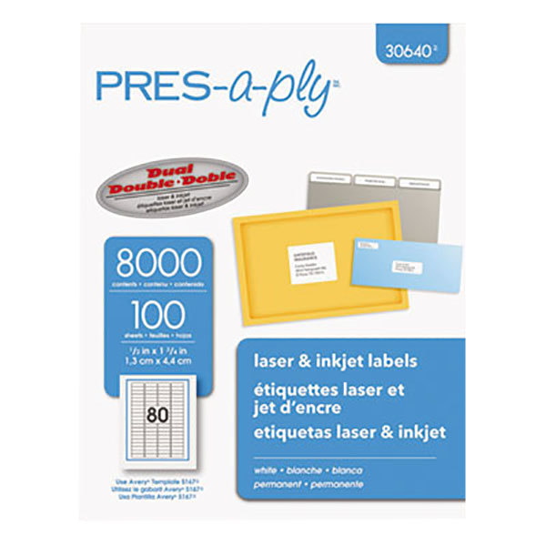 PRES-a-ply Laser/Ink Address Labels (1/2" x 1 3/4") (White) (80 Labels/Sheet) (100 Sheets/Box) (Interchangeable with Avery 5167)