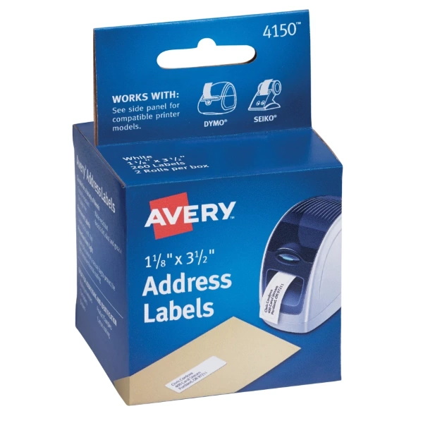 Avery Labels for Dymo LabelWriter Thermal Printers (1-1/8" x 3-1/2" Labels) (1" Core Roll) (Matte White) (Permanent) (130-up) (2-Sheets) (260/Box)