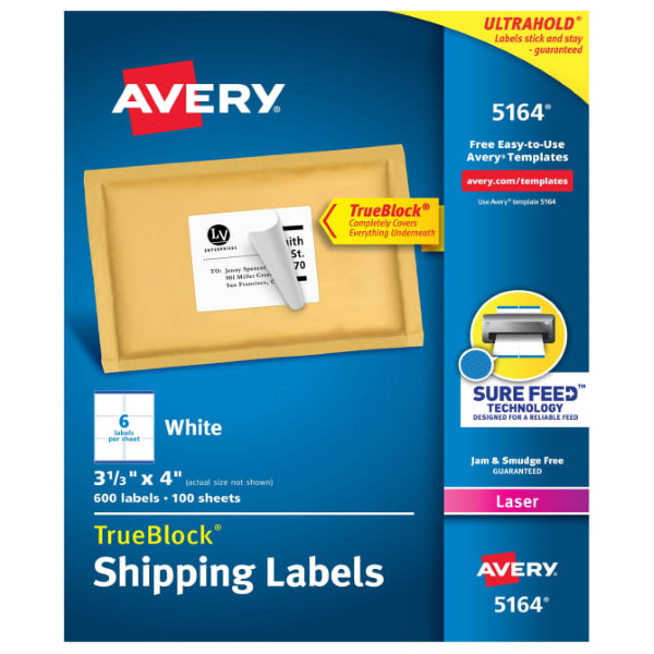 Avery Shipping Labels W/TrueBlock Technology for Laser Printers (White) (3 1/3" x 4") (6 Labels/Sheet) (100 Sheets/Box)