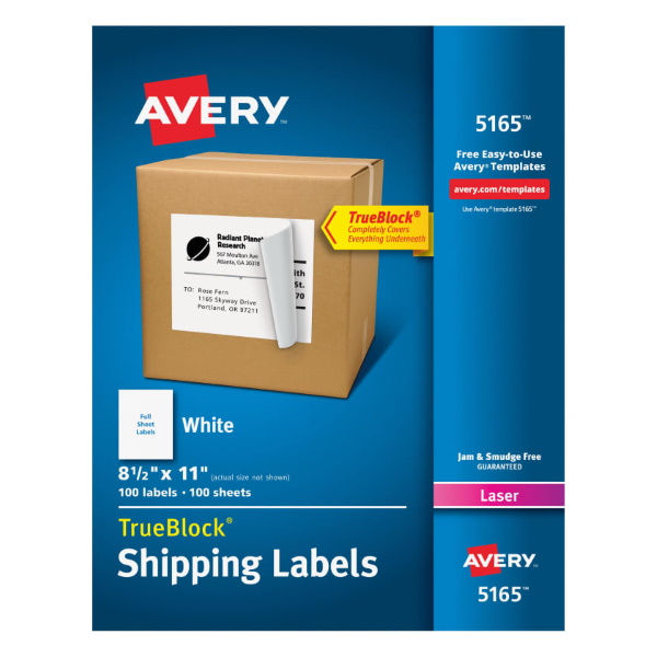 Avery Shipping Labels W/TrueBlock Technology for Laser Printers (White) (8 1/2" x 11") (1 Label/Sheet) (100 Sheets/Box)