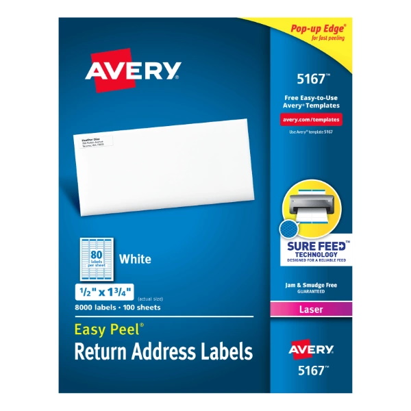 Avery Easy Peel White Address Labels for Laser Printers (1/2" x 1 3/4") (80 Labels/Sheet) (100 Sheets/Box)