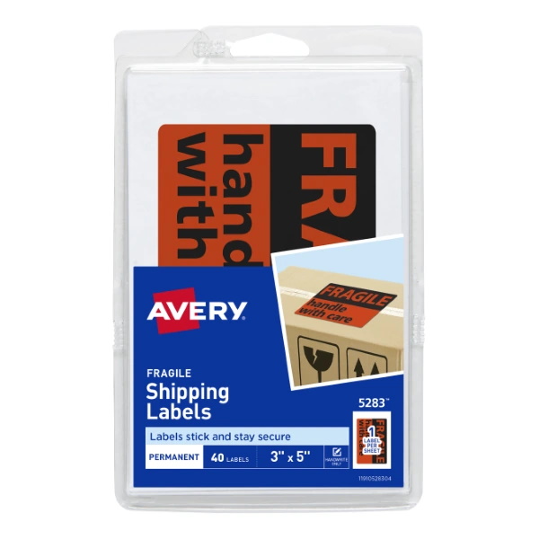 Avery FRAGILE Handle with Care Mailing Labels (Not Printer Compatible) (3" x 5" Labels) (4" x 6" Sheets) (Matte Neon Red) (Permanent) (1-up) (40-Sheets) (40/Pkg)