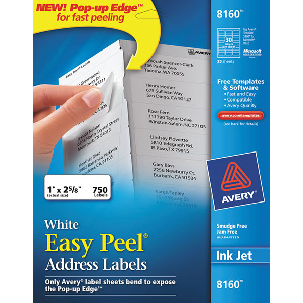 Avery Easy Peel Address Labels, Inkjet (1" x 2 5/8") (White) (30 Labels/Sheet) (25 Sheets/Box)