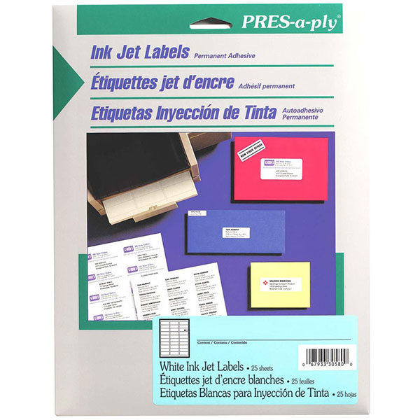 PRES-a-ply 1" x 2 5/8", White Laser, 30 Labels/Sheet (250 Sheets/Box) (Interchangeable with Avery# 5960, Maco# ML-3000B)