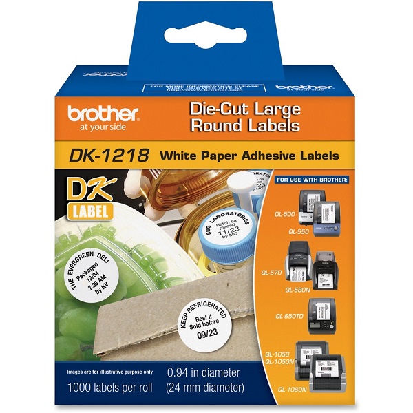 Brother 24mm (1") Diameter Round White Die-Cut Paper Labels (1,000 Labels/Pkg)