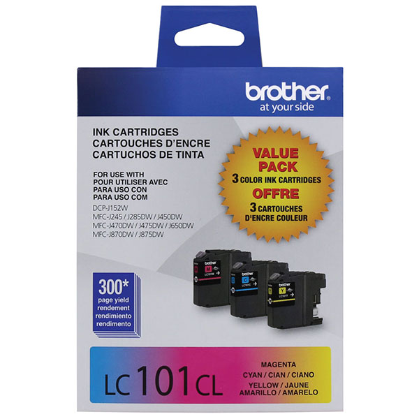Brother DCP-J152W, MFC-J245, 285DW, 450DW, 470DW, 475DW, 650DW, 870DW, 875DW C/M/Y Ink Cartridge Combo Pack (Includes OEM# LC101C, LC101M, LC101Y) (3 x 300 Yield)