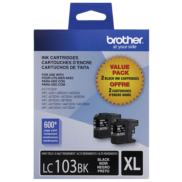 Brother MFC-J245, J285DW, J450DW, J470DW, J475DW, J650DW, J870DW, J875DW, J4310DW, J4410DW, J4510DW, J4610DW, J4710DW High Yield Black Ink Cartridge Dual Pack (2 Pack of LC103BK) (2 x 600 Yield)