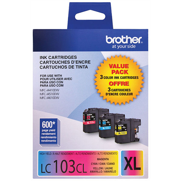 Brother MFC-J4310DW, 4410DW, 4510DW, 4610DW, 4710DW, 6520DW, 6720DW, 6920DW High Yield C/M/Y Ink Cartridge Combo Pack (Includes 1 Each of OEM# LC103C, LC103M, LC103Y) (3 x 600 Yield)