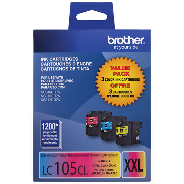 Brother MFC-J4310DW, 4410DW, 4510DW, 4610DW, 4710DW, 6520DW, 6720DW, 6920DW Super High Yield C/M/Y Ink Cartridge Combo Pack (Includes 1 Each of OEM# LC105C, LC105M, LC105Y) (3 x 1,200 Yield)