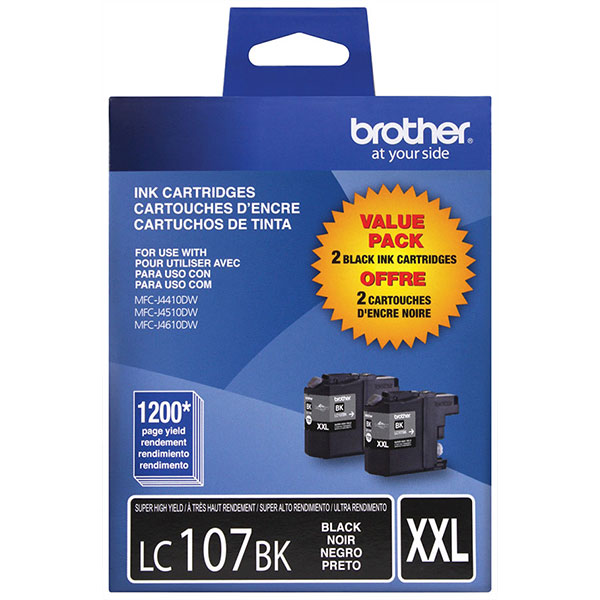 Brother MFC-J4310DW, 4410DW, 4510DW, 4610DW, 4710DW Super High Yield Black Ink Cartridge Dual Pack (2 Pack of OEM# LC107BK) (2 x 1,200 Yield)