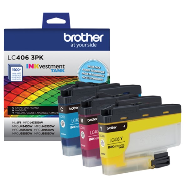 Brother INKvestment Tank MFCJ4335DW, J4335DWXL, J4345DWXL, J4535DW, J4535DWXL, J5855DW J5855DWXL, J5955DW, J6555DW Standard Yield Ink Cartridge 3-Pk (1 Ea. Cyan, Magenta, Yellow) (1,500 Yield)