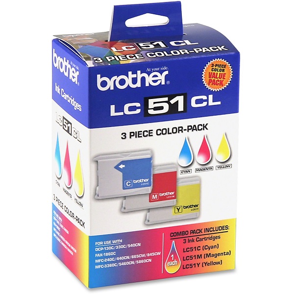 Brother FAX 1860, 1960C, 2480C, 2580C, MFC-230C, 240C, 440CN, 465CN, 665CW, 685CW, 845CW, 885, 3360C, 5460CN, 5860CN C/M/Y Ink Cartridge Combo Pack (Includes LC51C, LC51M, LC51Y) (3 x 400 Yield)