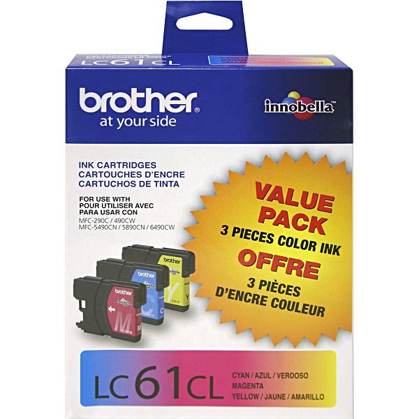 Brother DCP-165C, 385CN, 395CN, 585CW, MFC-775CW, 790CW, 795CW, 990CW, 5490CN, 5890CN, 5895CW, 6490CW, 6890CDW C/M/Y Ink Cartridge Combo Pack (Includes LC61C, LC61M, LC61Y) (3 x 325 Yield)