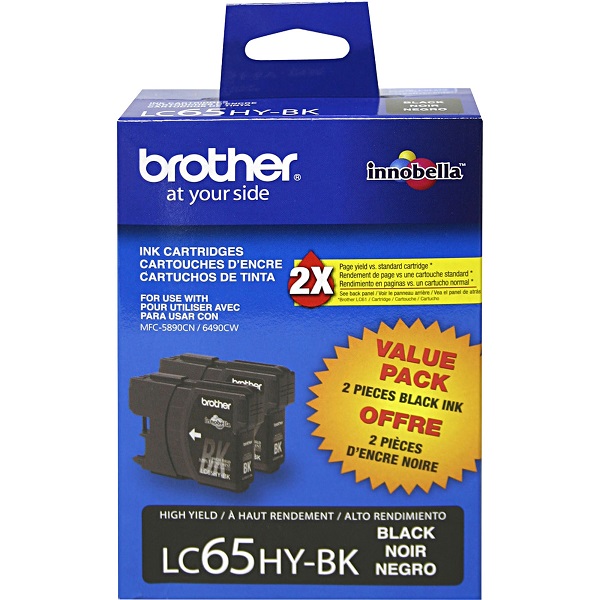 Brother MFC-5890CN, 5895CW, 6490CW, 6890CDW Black Ink Cartridge Twin Pack (2 Pack of OEM# LC65HYBK) (2 x 900 Yield)