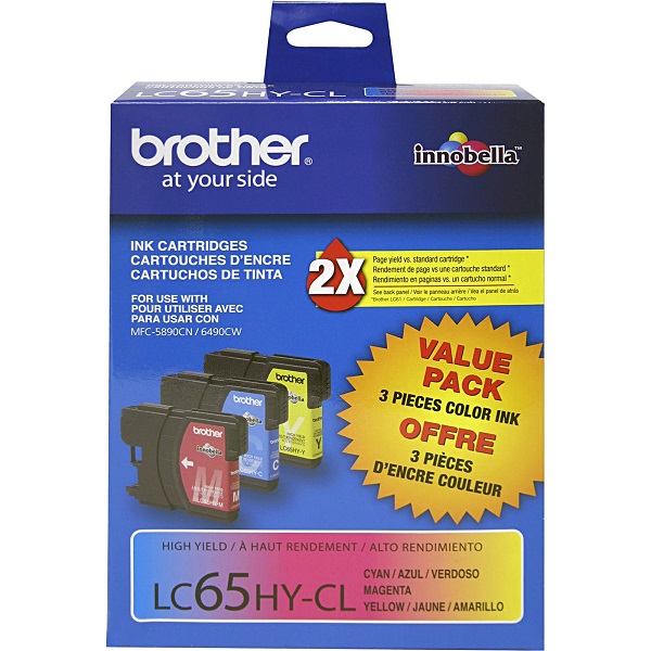 Brother MFC-5890CN, 5895CW, 6490CW, 6890CDW C/M/Y Ink Cartridge Combo Pack (Includes 1 Each of OEM# LC65HYC, LC65HYM, LC65HYY) (3 x 750 Yield)