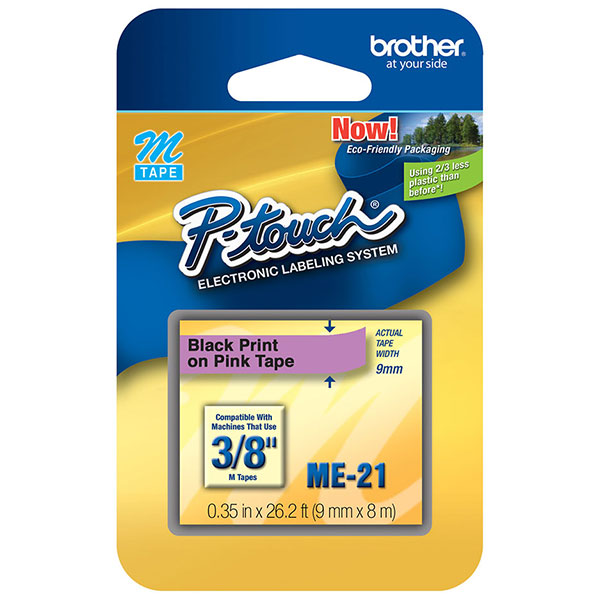 Brother 9mm (3/8") Black on Pink Non-Laminated Tape (8m/26.2') (1/Pkg) For use in M P-Touch: 55/65/70/80/95/100/110