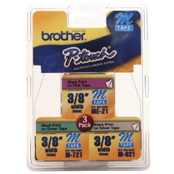 Brother 9mm (3/8") Black on Pink Black on Green Black on Silver Non-Laminated Tape 3-Pack (3 x 8m/26.2') For use in M P-Touch: 55/65/70/80/95/100/110