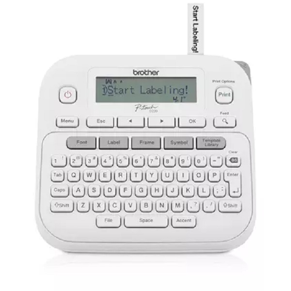Brother PT-D220 Desktop Labeler (Tape Family: TZe) (Tape Sizes: 3.5mm 6mm 9mm 12mm) (20mm/sec) (180 dpi) (QWERTY Keyboard) (15 Char x 1 Line Graphical) (14 Fonts 99 Frame 11 Styles 600 Symbols)