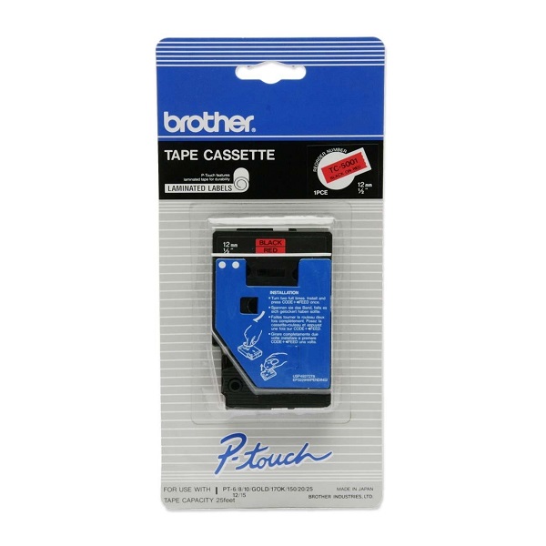 Brother 12mm (1/2") Black on Red Laminated Tape (25') (1/Pkg) For use in TC P-Touch: 6/8/10/12/12N/15/20/25/150/170