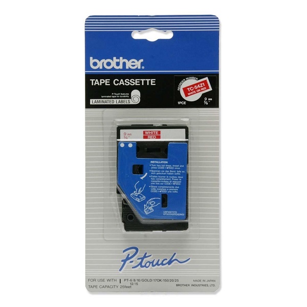 Brother 9mm (3/8") White on Red Laminated Tape (7.7m/25') (1/Pkg). For use in TC P-Touch: 6/8/10/12/12N/15/20/25/150/170