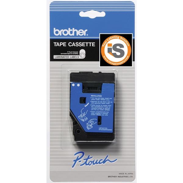 Brother 9mm (3/8") White on Blue Laminated Tape (7.7m/25') (1/Pkg) For use in TC P-Touch: 6/8/10/12/12N/15/20/25/150/170