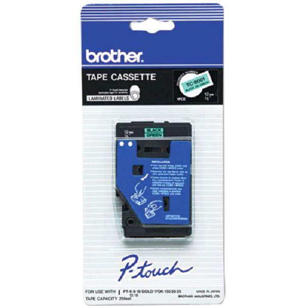 Brother 12mm (1/2") Black on Green Laminated Tape (7.7m/25.2') (1/Pkg) For Use in PT-6/8/10/12/12N/15/20/25/150/170
