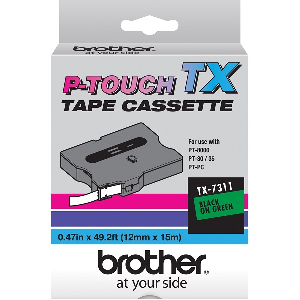 Brother 12mm (1/2") Black on Green Laminated Tape (15m/50') (1/Pkg) For use in TX P-Touch: PC/30/35/8000