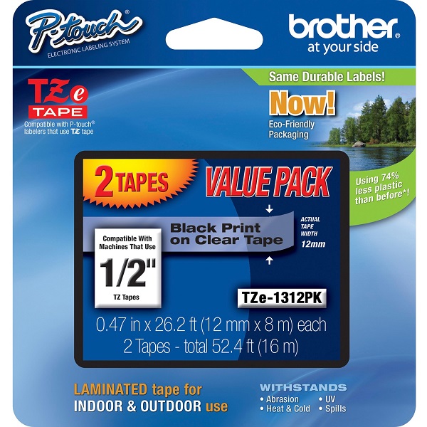 Brother 12mm (1/2") Black on Clear Laminated Tape (2 Pack of TZ131) (8m/26.2') For use in TZ P-Touch: All TZ Machines