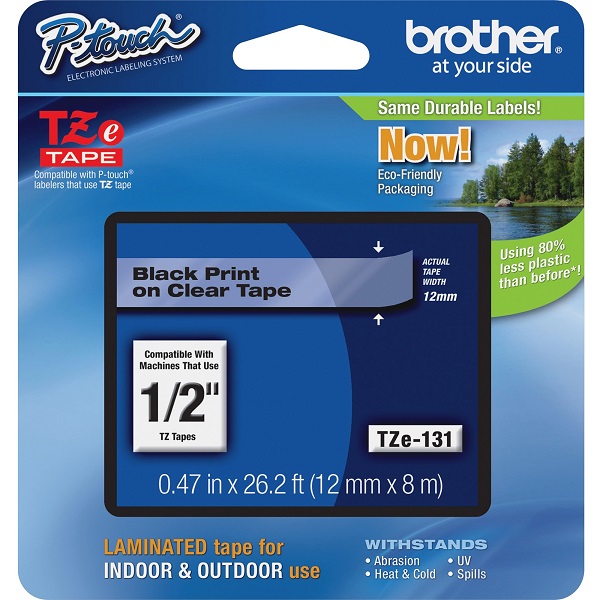 Brother 12mm (1/2") Black on Clear Laminated Tape (8m/26.2') (1/Pkg) For use in TZ P-Touch: All TZ Machines