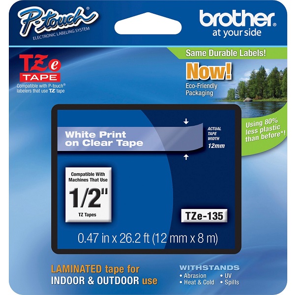 Brother 12mm (1/2") White on Clear Tape (8m/26.2') (1/Pkg) For use in P-Touch: All TZ Machines