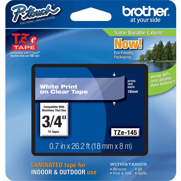 Brother 18mm (3/4") White on Clear Laminated Tape (8m/26.2') (1/Pkg) For use in TZ P-Touch: All TZ Machines Except PT-200, 1100, 1130, 1300, 1160, 1170S, 1180, 1200, ST-1150