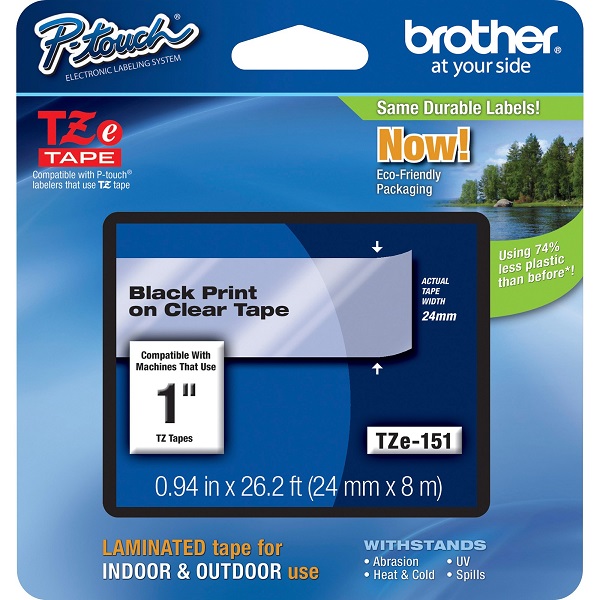 Brother 24mm (1") Black on Clear Laminated Tape (8m/26.2') (1/Pkg) For use in TZ P-Touch: PT-1600, 1650, 2200, 2300, 2400, 2410, 2500PC, 2600, 2730, 3600, 9200DX, 9200PC, 9400, 9500PC, 9600
