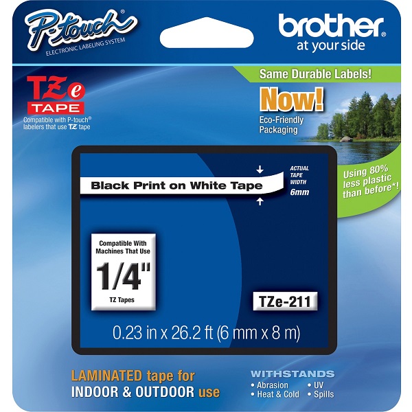 Brother 6mm (1/4") Black on White Laminated Tape (8m/26.2') (1/Pkg) For use in TZ P-Touch: All TZ Machines