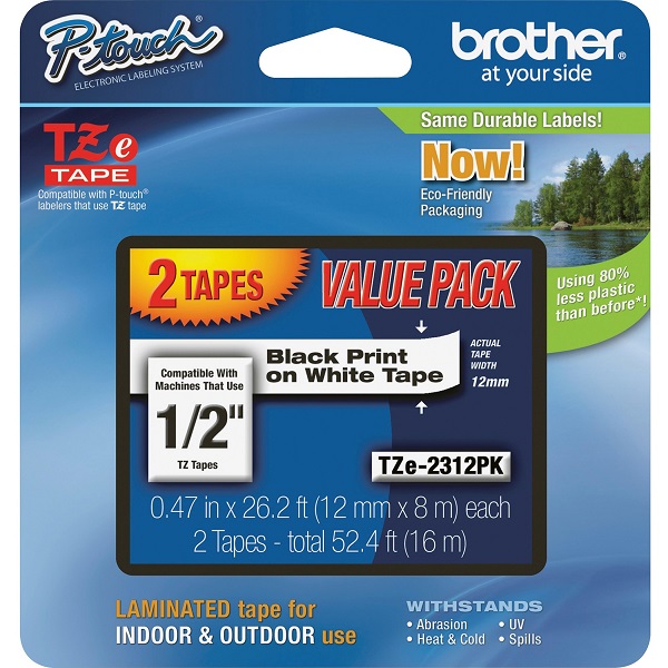 Brother 12mm (1/2") Black on White Laminated Tape (2 Pack of TZ231) (8m/26.2') For use in TZ P-Touch: All TZ Machines