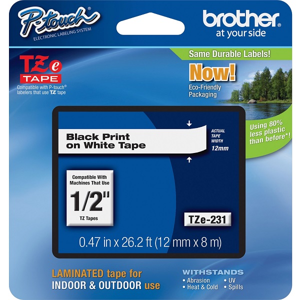 Brother 12mm (1/2") Black on White Laminated Tape (8m/26.2') (1/Pkg) For use in TZ P-Touch: All TZ Machines