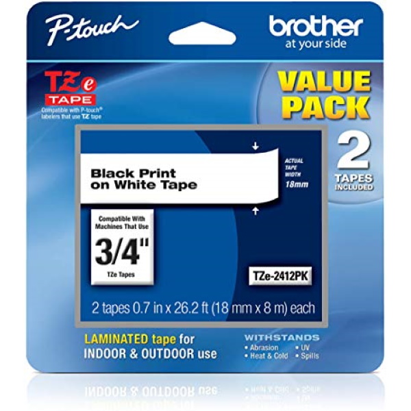 Brother 18mm (0.7") Black on White Laminated Tape (2 Pack of TZE241) For use in All TZ Mach. EXCEPT PT200/1000/1010/1090/1100/1130/1160/ 1170S/1180/1200/1280/1290 & D200 E100 H100 H200