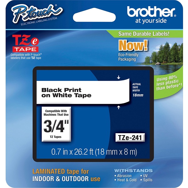 Brother 18mm (3/4") Black on White Laminated Tape (8m/26.2') (1/Pkg) For use in TZ P-Touch: All TZ Machines Except PT-200, 1000, 1010, 1100, 1130, 1160, 1170S, 1180, 1200, 1280, 1300, ST-1150, GL100