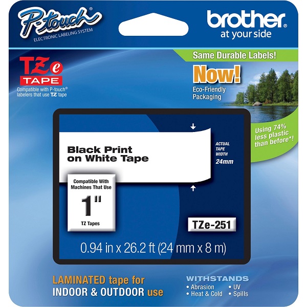 Brother 24mm (1") Black on White Laminated Tape (8m/26.2') (1/Pkg) For use in TZ P-Touch: PT-1600, 1650, 2200, 2300, 2400, 2500PC, 2600, 2700, 2710, 3600, 9200DX, 9200PC, 9400, 9500PC, 9600