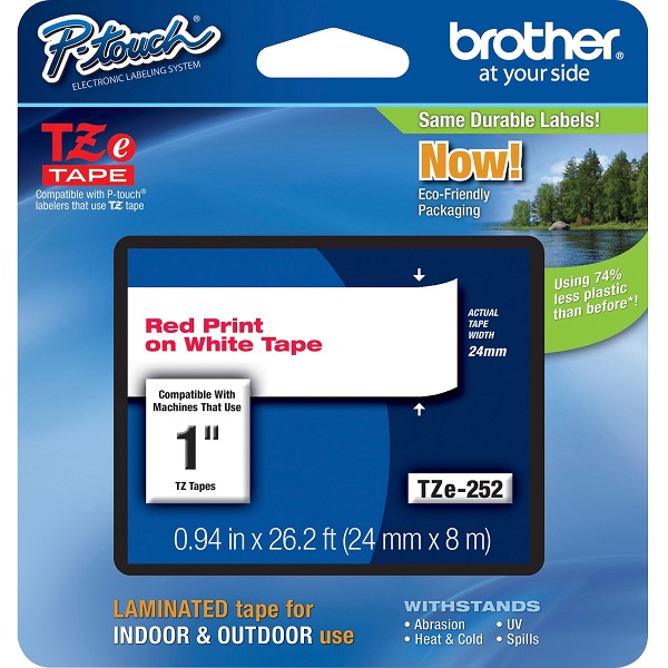 Brother 24mm (1") Red on White Laminated Tape (8m/26.2') (1/Pkg) For use in TZ P-Touch: PT-1600, 1650, 2200, 2300, 2400, 2500PC, 2600, 2610, 2730, 3600, 9200DX, 9200PC, 9400, 9500PC, 9600