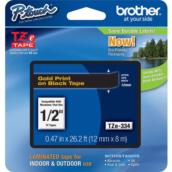 Brother 12mm (1/2") Gold on Black Laminated Tape (8m/26.2') (1/Pkg) For use in TZ P-Touch: All TZ Machines