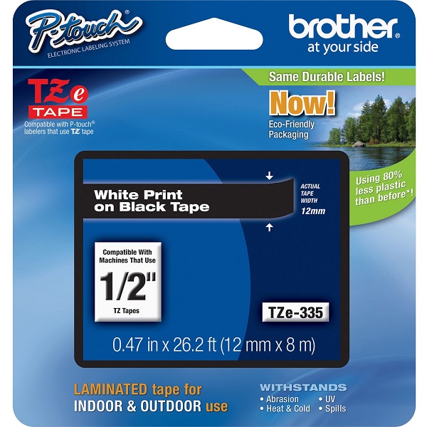 Brother 12mm (1/2") White on Black Laminated Tape (8m/26.2') (1/Pkg) For use in TZ P-Touch: All TZ Machines