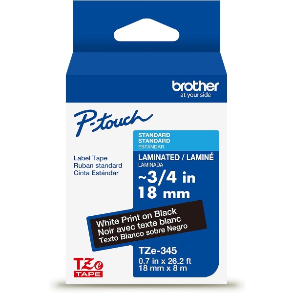 Brother 18mm (3/4") White on Black Laminated Tape (8m/26.2') (1/Pkg) For use in TZ P-Touch: All TZ Machines Except PT-200, 1100, 1130, 1300, 1160, 1170S, 1180, 1200, 2030, 2730, ST-1150