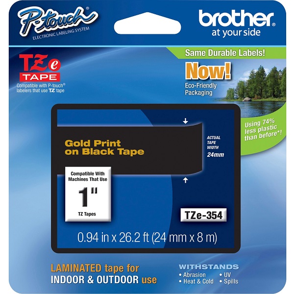 Brother 24mm (1") Gold on Black Laminated Tape (8m/26.2') (1/Pkg) For use in TZ P-Touch: All TZ Machines