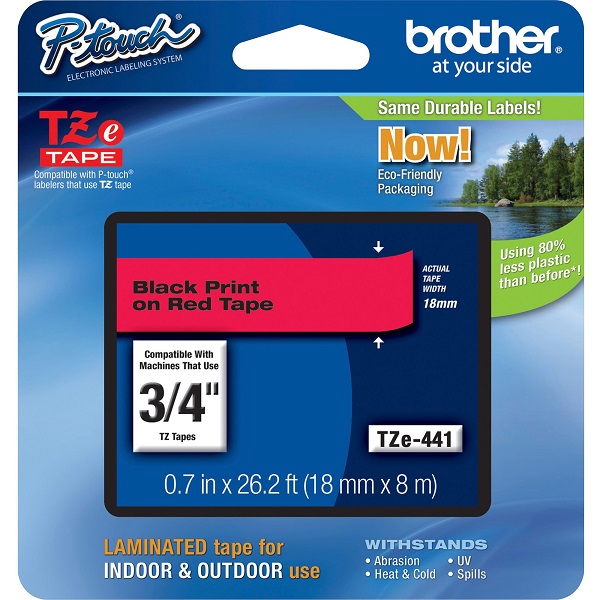 Brother 18mm (3/4") Black on Red Laminated Tape (8m/26.2') (1/Pkg) For use in TZ P-Touch: All TZ Machines Except PT-200, 1100, 1130, 1300, 1160, 1170S, 1180, 1200, 2030, 2730, ST-1150