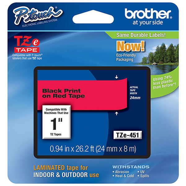 Brother 24mm (1") Black on Red Laminated Tape (8m/26.2') (1/Pkg) For use in TZ P-Touch: PT-1600, 1650, 2200, 2300, 2400, 2500PC, 2600, 2610, 2730, 3600, 9200DX, 9200PC, 9400, 9500PC, 9600