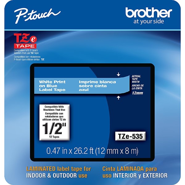 Brother P-Touch TZE-535  Laminated Label Tape (White/Blue) (1/2" x 26-1/4') (Indoor/Outdoor) (Ink Color: White)
