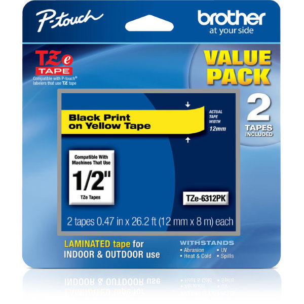 Brother 12mm (0.47") Black on Yellow Laminated Tape (2 Pack of TZE631) For use in TZ P-Touch: All TZ Machines