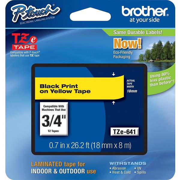 Brother 18mm (3/4") Black on Yellow Laminated Tape (8m/26.2') (1/Pkg) For use in TZ P-Touch: All TZ Machines Except PT-200, 1100, 1130, 1300, 1160, 1170S, 1180, 1200, 2030, 2730, ST-1150